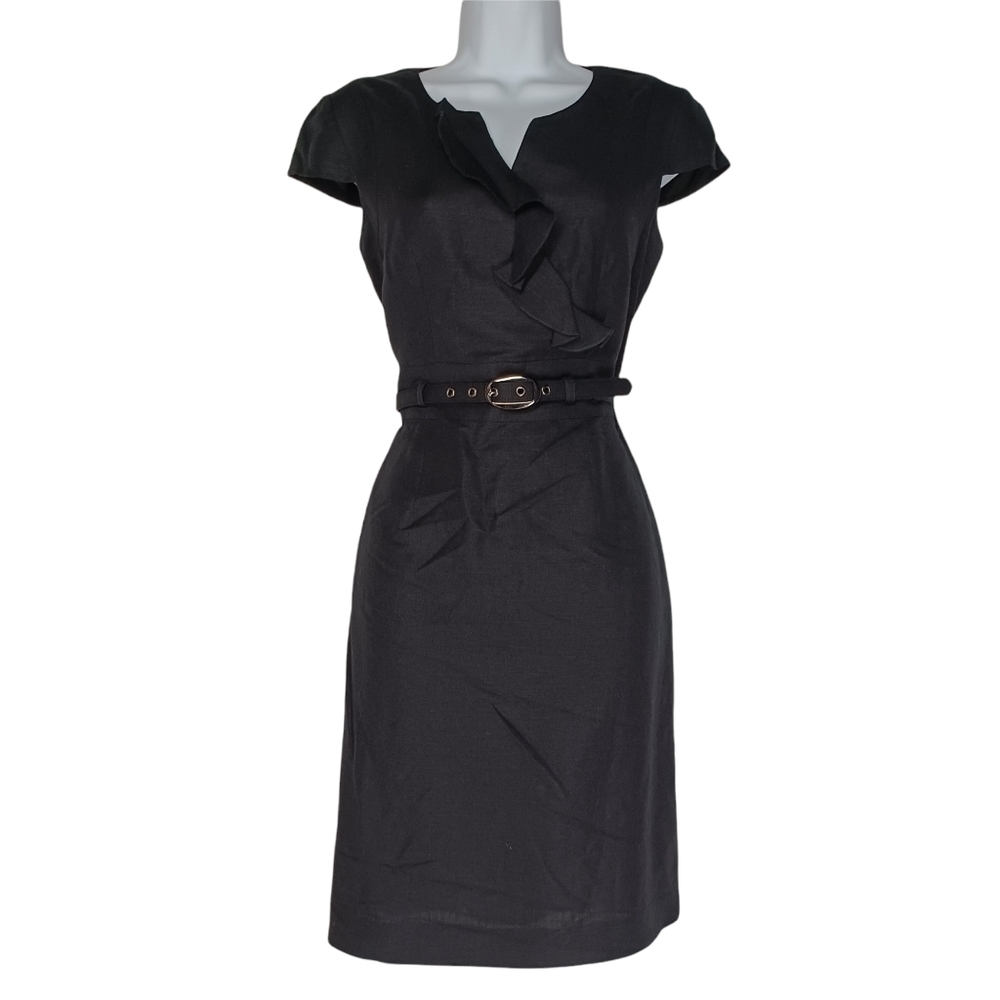 TAHARI ARTHUR S. LEVINE Petite Black Ruffle Belted Cocktail Black Dress 4P